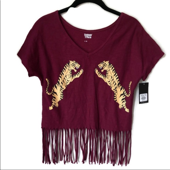 Two facing Tigers maroon SS Top with bottom fringe - Picture 2 of 7